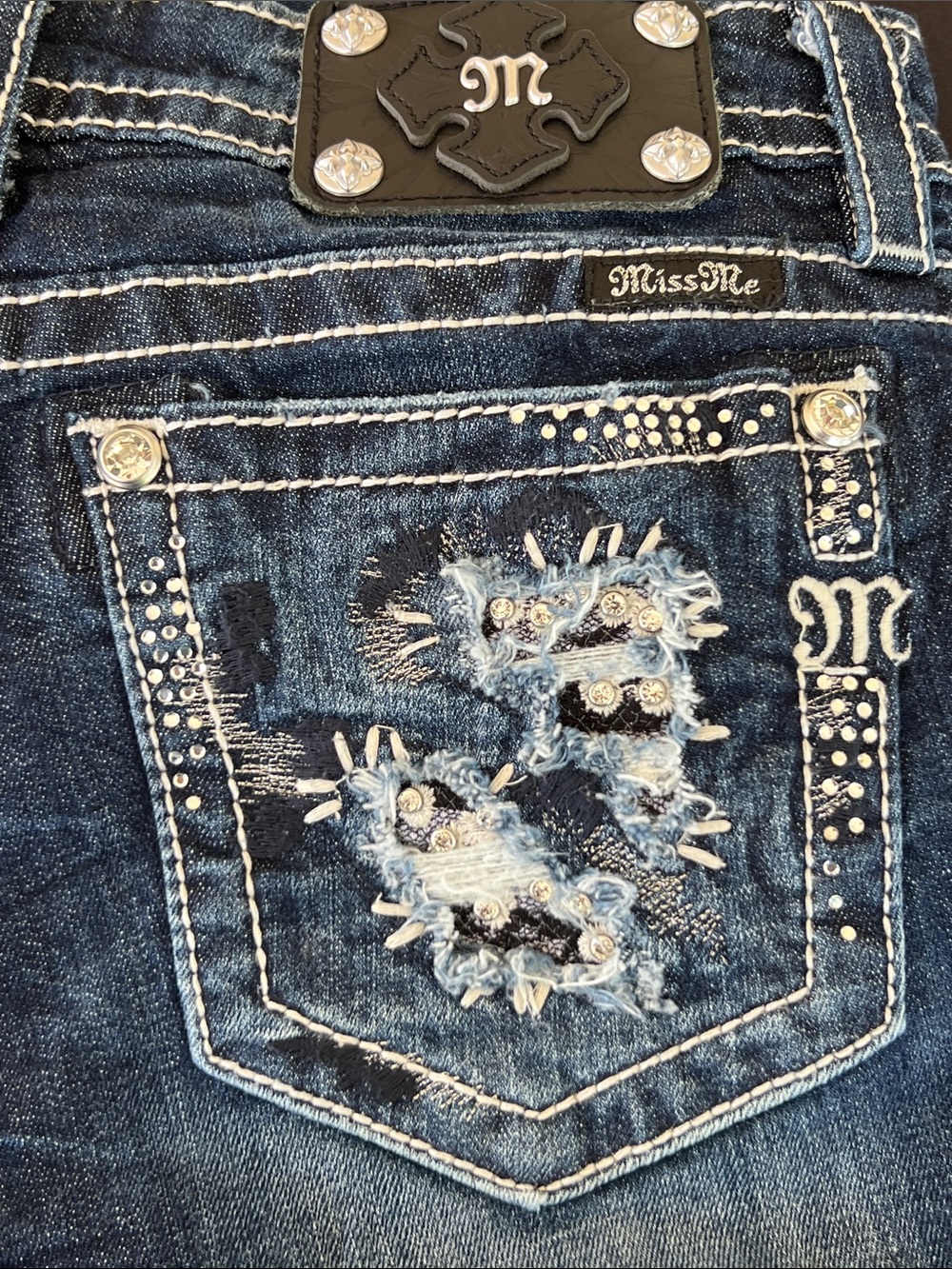 Miss Me Dark Blue Embellished Wide Leg Jeans - Picture 7 of 9